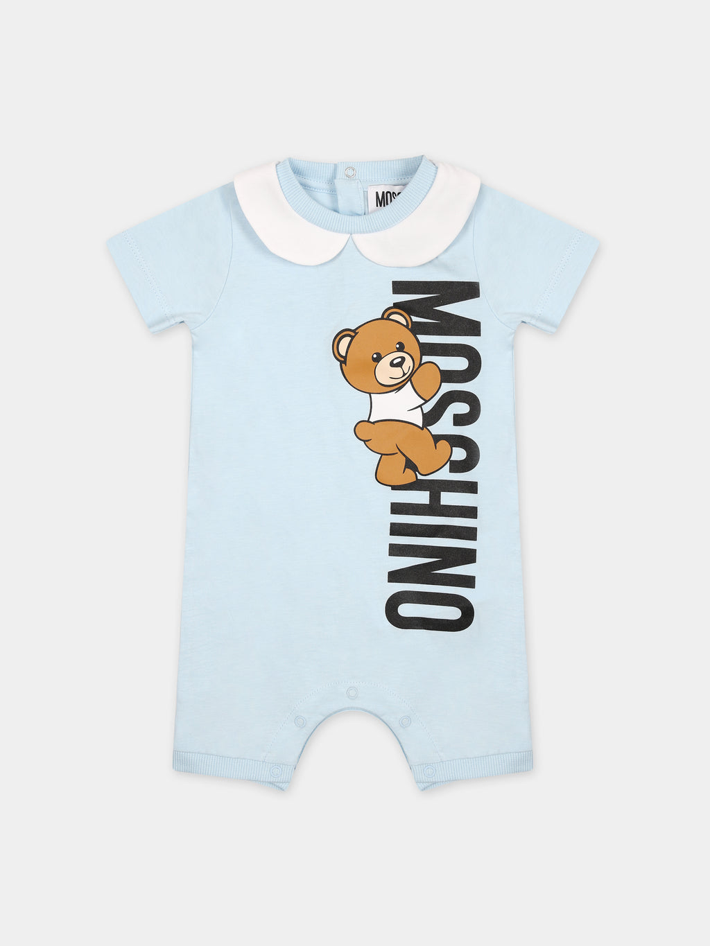 Light blue romper for baby boy with Teddy Bear and logo